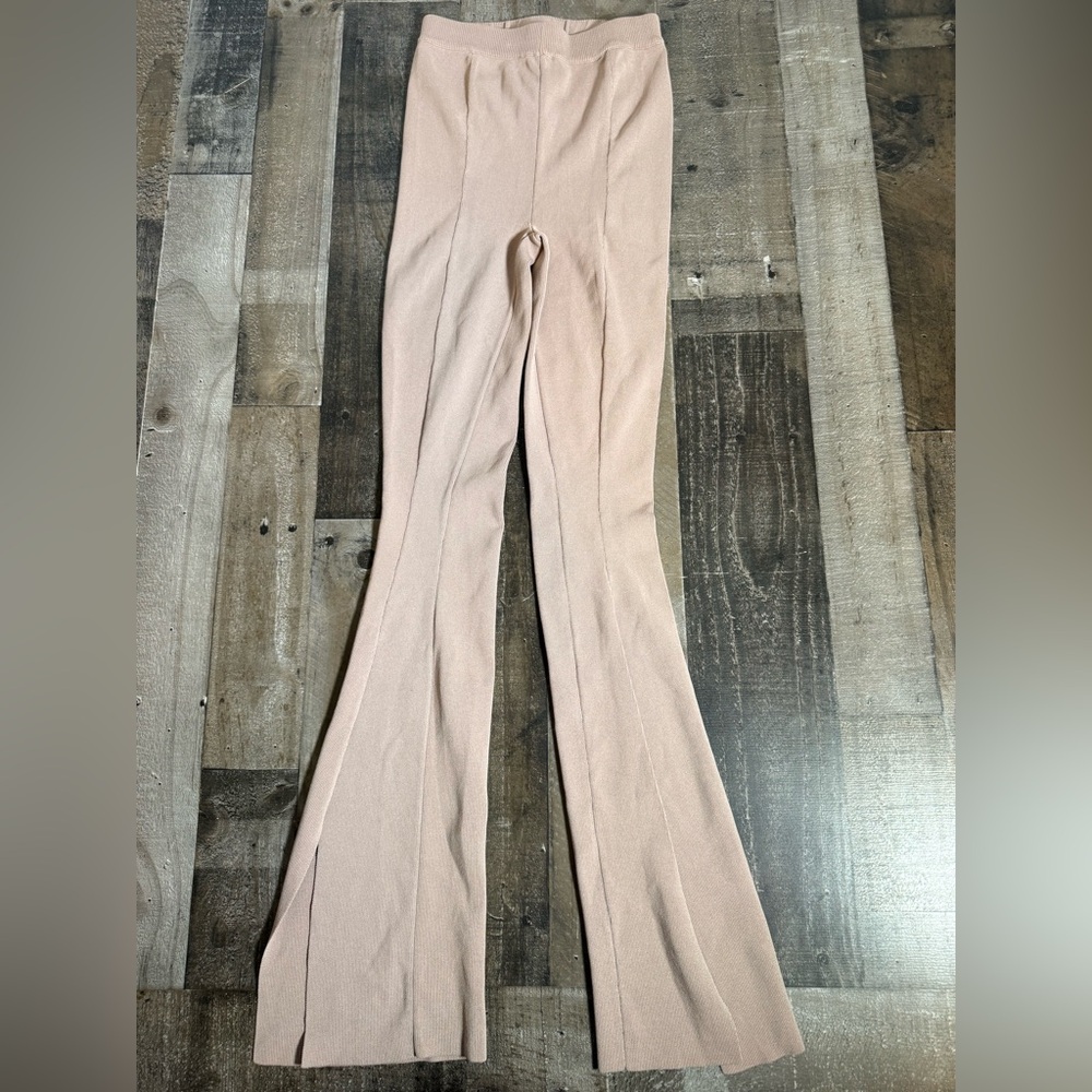 WHITE FOX Nude Ribbed Knit Flare Pants | Y2K Soft Girl Lounge‎ Boho Minimalist